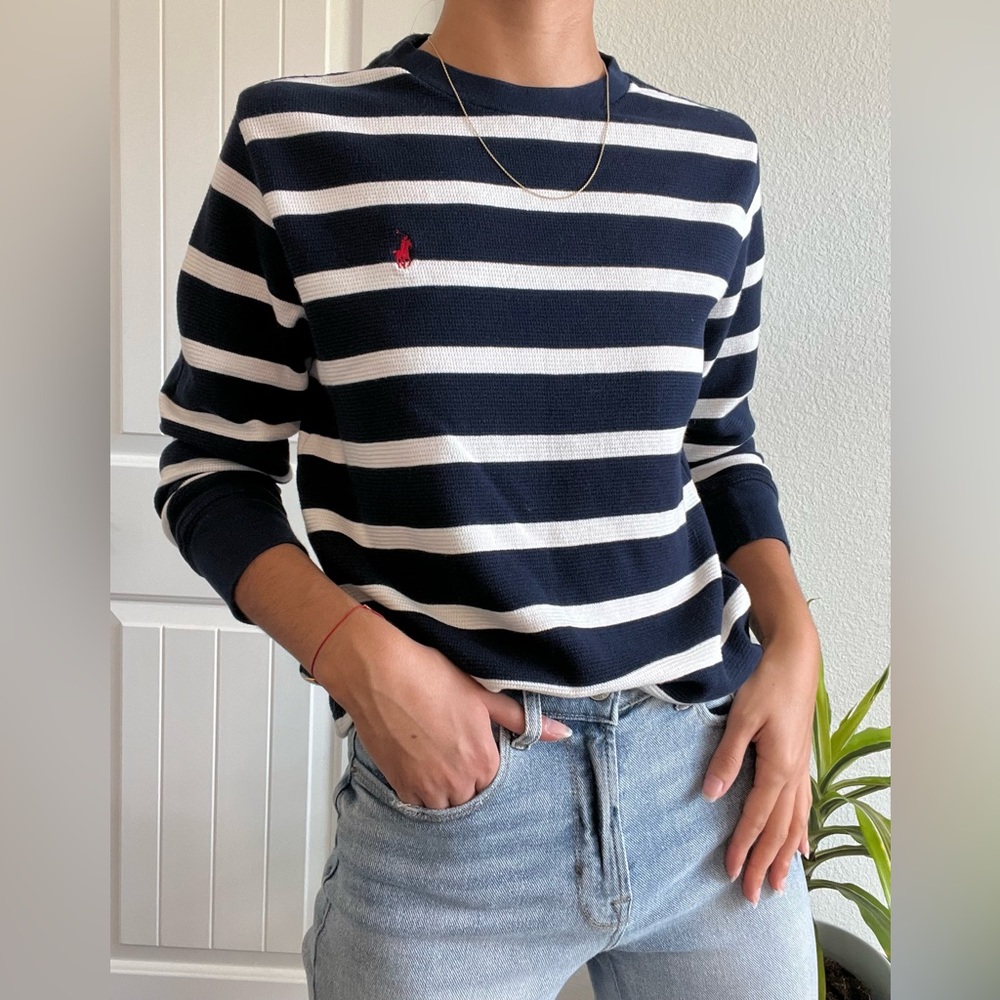 POLO Ralph Lauren - Navy & White Striped Boy’s Waffle Crew Long-Sleeve Shirt